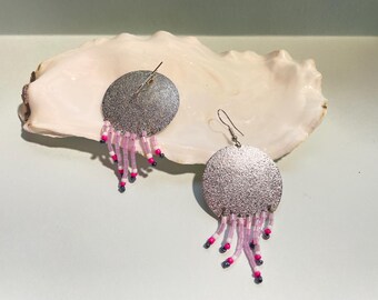 Seed beads silver round circle pendant earring | 925 sterling silver