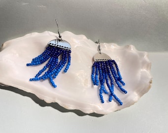 Seed beads half circle fringe earring | sterling silver