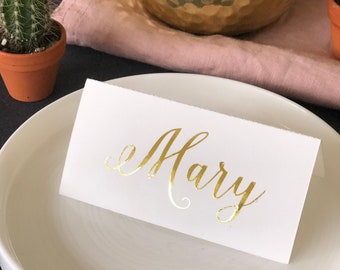 Custom gold foil wedding place cards, Name cards, Folded table place cards, Personalized name cards, Metallic gold place names, Escort cards