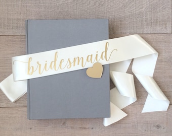 Bridesmaid sash, Personalised bachelorette sash, Gold and ivory sash, Bridal shower sash with heart pin