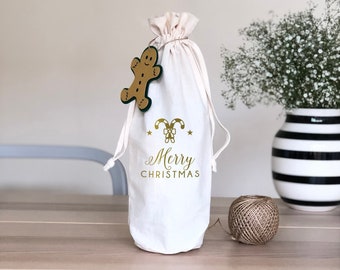 Merry christmas wine gift bag, Wine bottle bag with gift tag, Reusable bottle bag, Drawstring bottle bag with gingerbread man gift tag