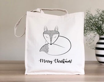 Fox tote bag, Merry Christmas shopping bag with fox print, Christmas tote bag, Christmas gift bag, Gift for fox lover, Shopping lover