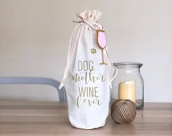 Dog mother wine lover wine bag, Valentine's day gift, Wine bottle bag with tag, Celebration gift, Reusable wine bag, Valentine's gift