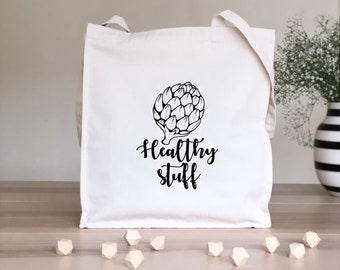 Healthy stuff grocery bag, Shopping bag with artichoke print, Market bag, Reusable shopping bag, Cotton shopping bag with artichoke