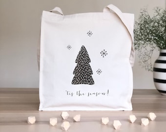 Tis the season tote bag, Christmas shopping bag with pine tree and snowflakes, Christmas tote bag, Christmas gift bag, Tis the season gift