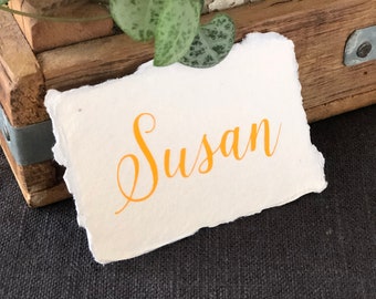 Custom Wedding Place Cards: Handmade Recycled Paper, Yellow Calligraphy