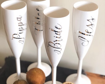 Personalized Champagne Flutes: White & Silver Wedding Favors