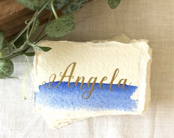 Watercolor seating cards, Handmade paper name cards, Custom blue wedding name card, Recycled wedding place setting, Eco place cards