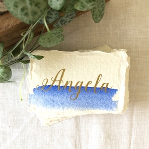 Watercolor seating cards, Handmade paper name cards, Custom blue wedding name card, Recycled wedding place setting, Eco place cards