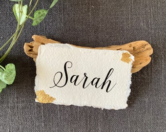 Handmade paper place cards with gold leaf, Personalised wedding name card, Eco friendly luxury wedding place setting, Recycled place card