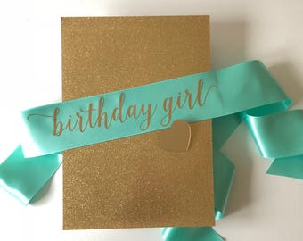 Gold 'Birthday Girl' Satin Sash, Mint Ribbon, Heart Pin