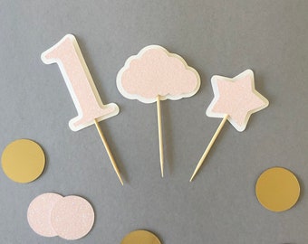 First birthday pink cupcake toppers, Cloud and stars party decoration, Glitter pink baby shower, Girls first birhday table decor