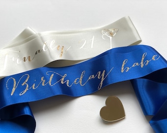 Custom Birthday Sash, Glitter Gold Print, Satin Ribbon