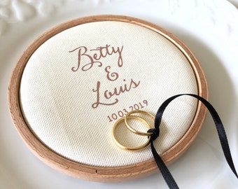 Personalized wedding ring holder, Custom ring pillow, Ring bearer pillow alternative, Hoop ring holder, Rose gold wedding decor