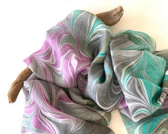 Mothers day gift, Hand marbled long silk scarf, Multi color silk shawl, Hand painted silk foulard, Purple green grey scarf, Gift for grandma