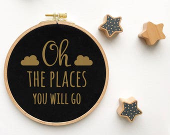 Oh the places you will go, Nursery wall decor, Gold nursery decor, Hoop wall art, Hoop wall sign, New baby gift