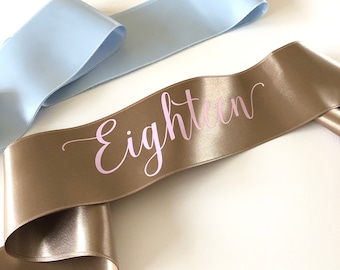 Eighteenth Birthday Sash: Rose Gold Satin Ribbon Party Accessory