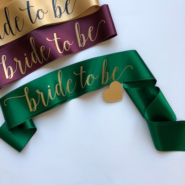 Bride to be sash, Bachelorette sash, Emerald green and gold sash, Hen party sash with heart pin, Bridesmaid gift, Bachelorette party favor