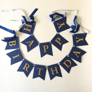 Boys personalized happy birthday banner, Gold navy birthday banner, First birthday decoration, Baby shower decoration, Birthday bunting