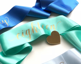 Customizable Birthday Sash, Gold Print Satin Ribbon, Party Accessory