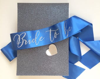 Bride to Be Sash, Silver Glitter, Blue Satin Ribbon, Hen Party Accessory