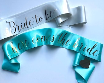 Here comes the bride sash, Bachelorette party sash, Mint hen party sash, Personalized hens party sash, Bridal shower favor, Bridesmaid gift