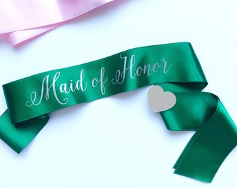 Maid of honor sash, Emerald green silver sash, Bridal shower gift, Bridesmaid gift, Bachelorette party favor, Emerald green hen sash