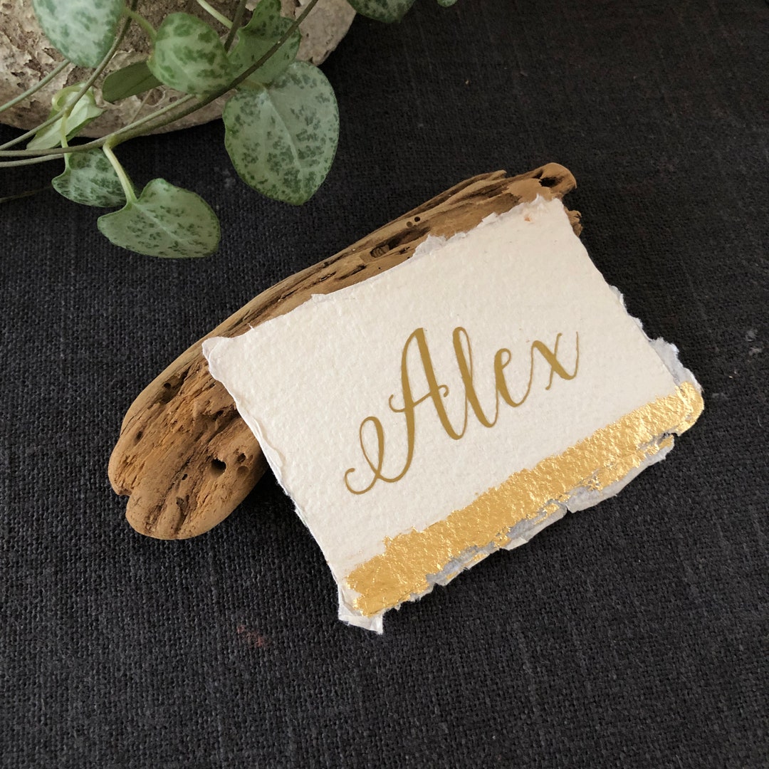 Handmade Paper Place Cards With Gold Leaf, Custom Wedding Name Card, Eco Friendly Wedding Place