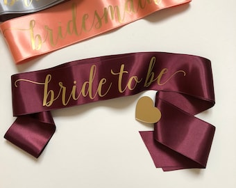 Burgundy Bride to Be Sash, Gold Lettering, Bachelorette Party