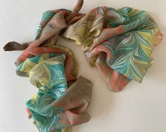 Mothersday gift, Hand marbled long silk shawl, Hand painted multicolor silk scarf, Emerald green and red silk foulard