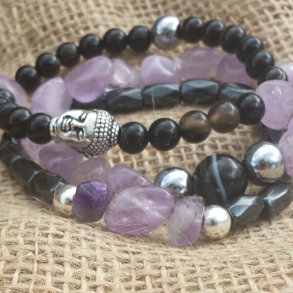 Buddhaful Amethyst, Hematite, and Onyx Trio