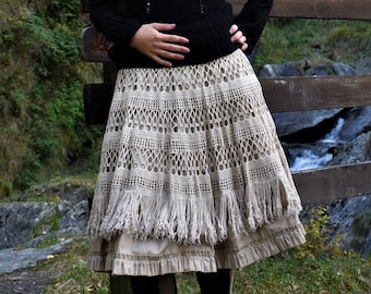 Crochet skirt, knitted skirt, boho skirt, shabby chic skirt, coffee hand dyed skirt, beige lace skirt, doilies skirt, upcycled skirt - ABBY