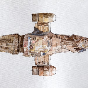 May include: A watercolor painting of a spaceship with a brown and beige color scheme. The spaceship has a long, narrow body with two large engines at the back and two smaller engines at the front. The spaceship is viewed from above.