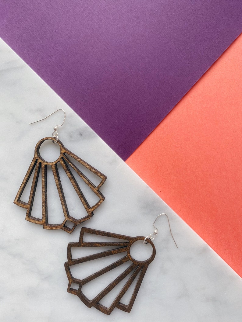 Wood Jewelry Fan Dangle Statement Earrings Laser Cut Birch Nickel Free