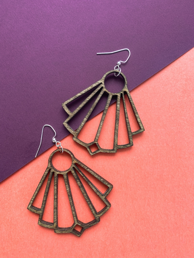 Wood Jewelry Fan Dangle Statement Earrings Laser Cut Birch Nickel Free