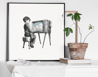 Boy watching TV Print, Home Decor Print, Bedroom, Art for Walls, Movie Lover Art, Decor Movie Fan, Housewarming Retro Art, Clouds Print