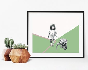 Girl Walking a Reptile Print, Reptile Lover Home Decor Print, Bedroom, Art for Walls, Housewarming Art, Music Print Art Decor, Surreal Art