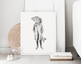 Fish Man Print, Home Decor Print,Bedroom Art for Walls, Fish Art,  Vintage Fish Print, Housewarming Retro Art, Surreal Fisherman Print