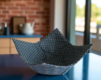 Handmade Reversible Bowl Cozy Slate Blue Pink Feather Print Microwave Bowl Holder Heat Safe Hand Friendly Serving Dish Warm Food