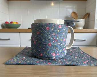 Quilted Mug Cozy Blue Floral Cotton Fabric Drink Accessory Kitchen Table Decor Gift Tea Lover Coffee Cup Sleeve Reversible Washable Design