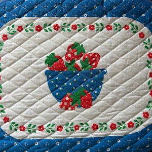 Handmade Quilted Casserole Table Mat; Blue and White; Strawberries; Fruit; Table Pad; Quilted Hot Pads; Table Pads; Nice Gift