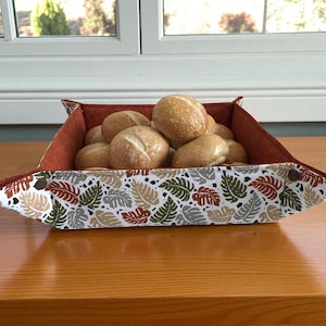 Fabric Bread Basket Table Organizer Fall Leaf Print Design Cotton Material Snap Corner Construction Foldable Storage Farmhouse Style