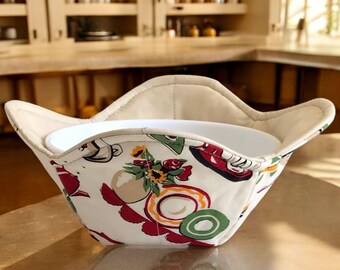 Handmade Microwave Safe Bowl Cozy Vintage Kitchen Print Reversible Design Cotton Fabric Hand Protection Solution Gift for Mom Kitchen Helper
