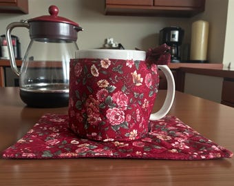 Quilted Mug Cozy Floral Design Beverage Insulator Maroon Fabric Cup Sleeve Reversible Wrap Handmade Accessory Tea Coffee Drink Protector