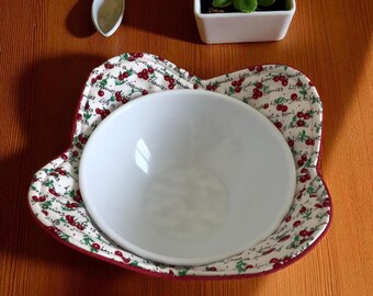 Handmade Microwave Bowl Cozy Practical Kitchen Gift Bowl of Cherries Pattern Reversible Design Solid Red Inside Machine Washable