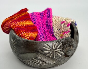 Handmade Wooden Yarn Bowl - Silver Detailing | Unique Gift for Knitters | Crochet Gift