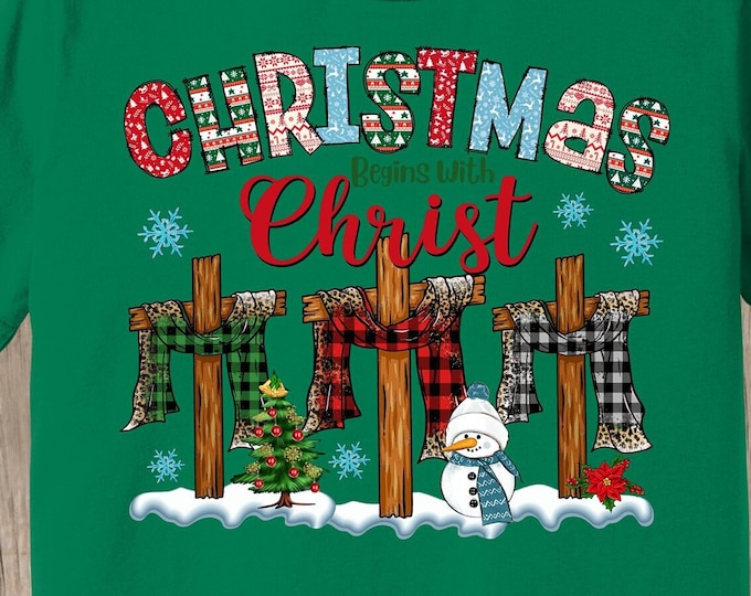 Christian Christmas T shirt Buffalo Plaid Tee shirt Bella+CANVAS T shirt many colors and sizes Christmas Begins with Christ 3 Crosses