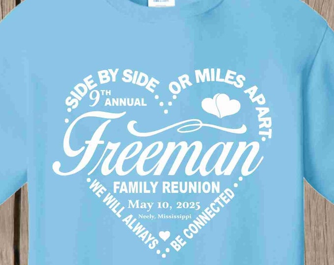 Family Reunion T Shirt -Side by Side or Miles Apart... heart design w your family name, year, location if you wish - bulk discount avail AQB