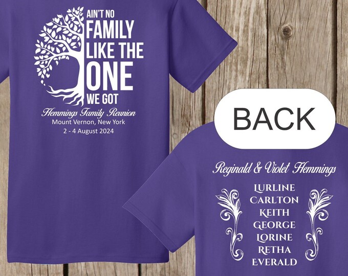 Special listing for Jennifer - PURPLE shirts front and back - white print - Hemmings Family Reunion