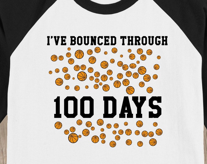 100th Day of School Raglan baseball style T Shirt - 100 basketballs - I've Bounced through 100 Days